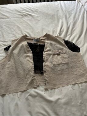 Bundle Beige Cropped Button Front Vest with Pocket with black flowers lace top